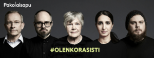 #olenkorasisti -kampanjan lähettiläät Tuomas Enbuske, Iikka Kivi, Risto E.J. Penttilä, Nasima Razmyar ja Elisabeth Rehn.