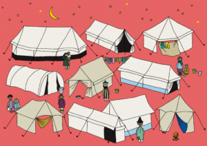 Pakolaisavun Sama taivas -joulukalenterissa kuvituksena pakolasileirien telttoja tähtitaivaan alla