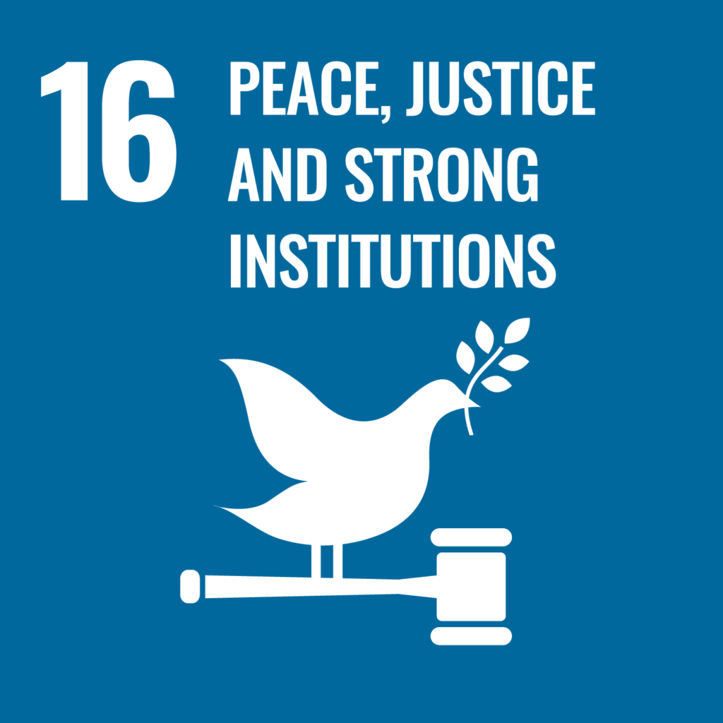 SDG logo with text: 16 Peace, justice and strong insitutions