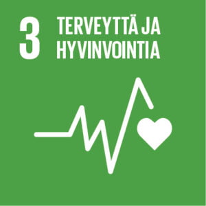 Vihreällä pohjalla sydänkäyrää kuvastava logo sekä teksti: 3, Terveyttä ja hyvinvointia