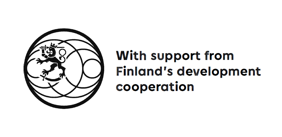Musta ulkoministeriön logo, jossa lukee Woth support from Finland's development cooperation
