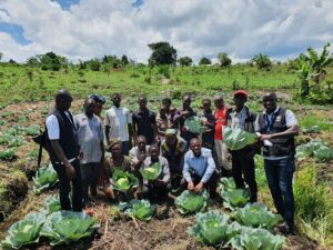 Ugandalaiset maatalouskurssin opiskelijat seisovat pellolla hymyillen. Osa pitelee kädeissään kaaleja.