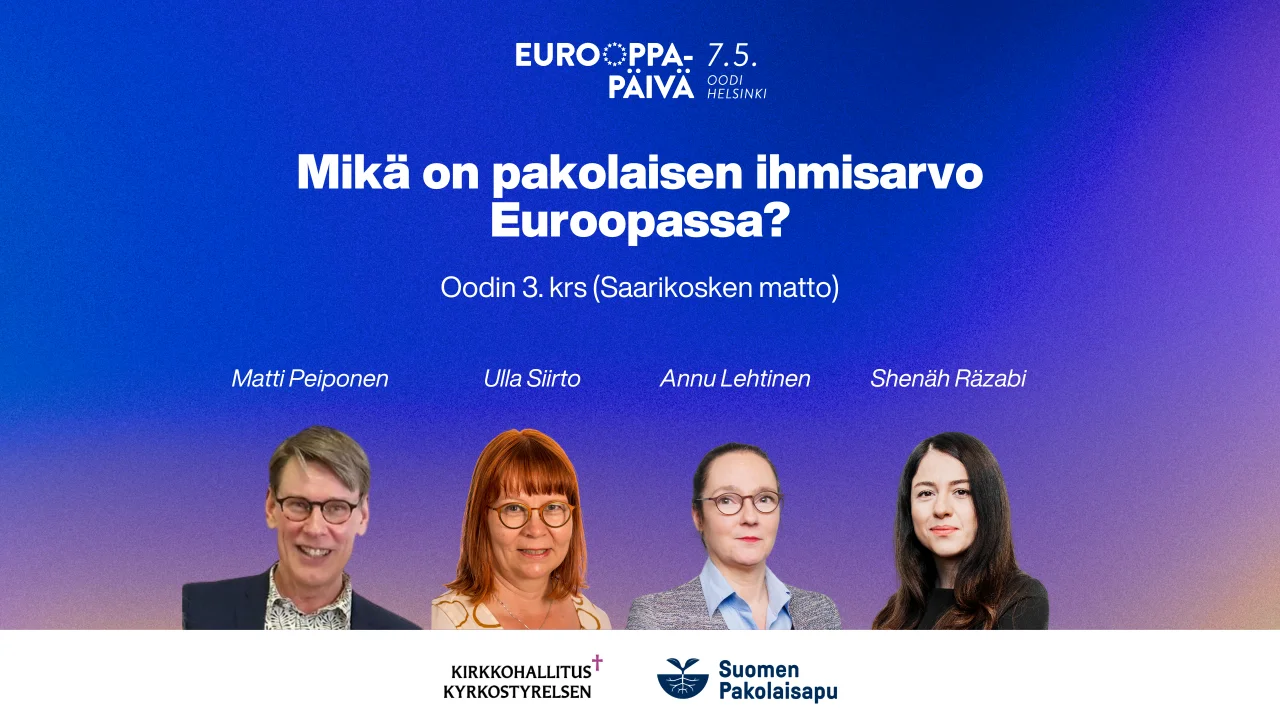 Eurooppa-päivän tapahtuman kuva. Kuvassa asiantuntijat ja heidän nimensä.