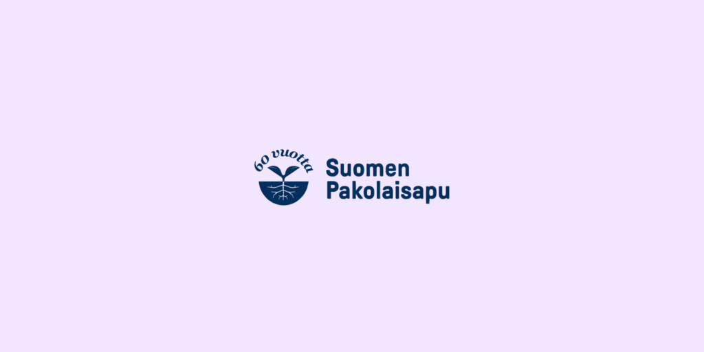 Kuvassa on Pakolaisavun sininen juhlavuoden logo, jossa Lukee Suomen Pakolaisapu 60 vuotta. Kuvan tausta on laventelin värinen.